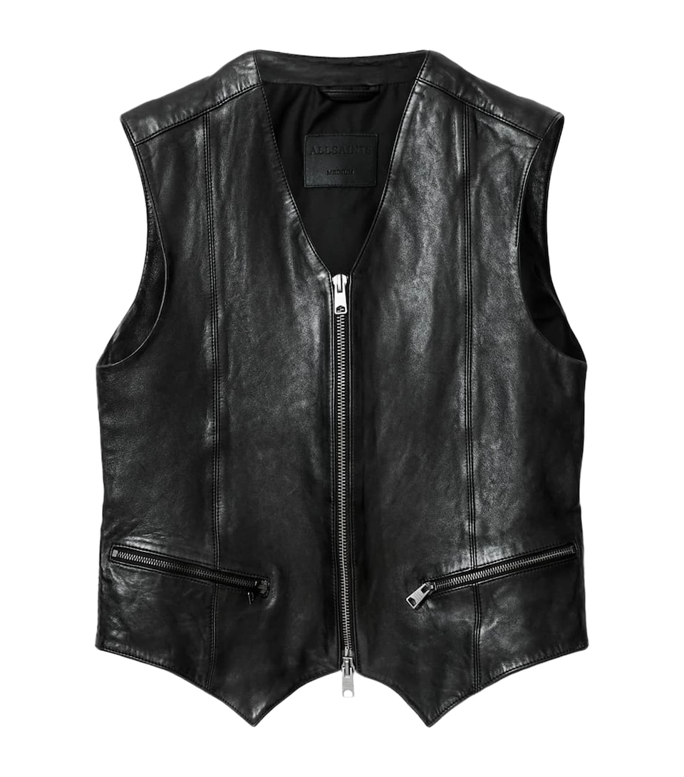 AllSaints Mens Leather Davies Waistcoat Black
