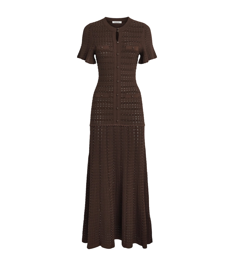 Sandro Paris Womens Pointelle-Knit Rhinestone Maxi Dress Brown