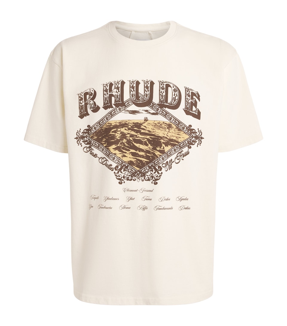 Rhude Mens Cotton Dakar Print T-Shirt Vintage White /brown