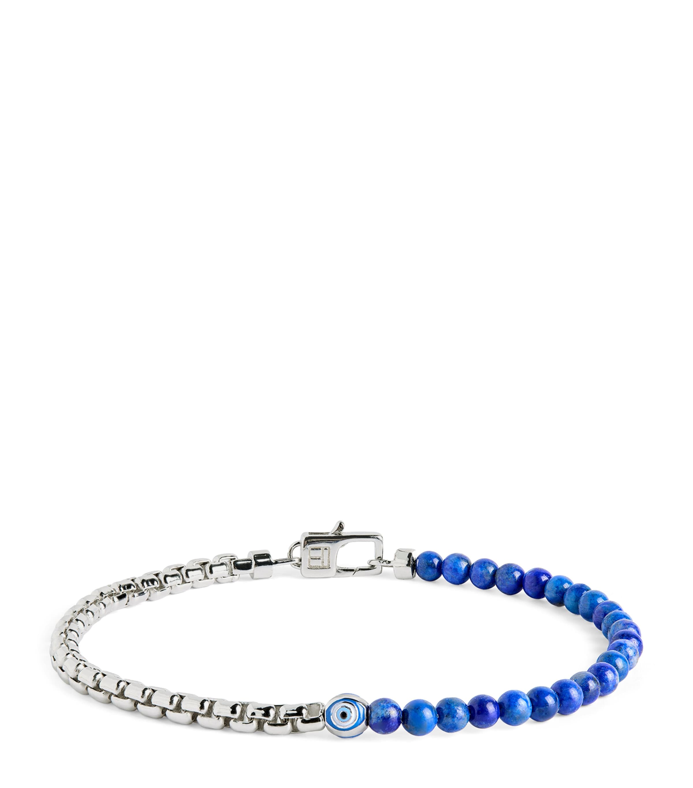 Tateossian Rhodium-Plated Silver and Lapis Evil Eye Bracelet Blue