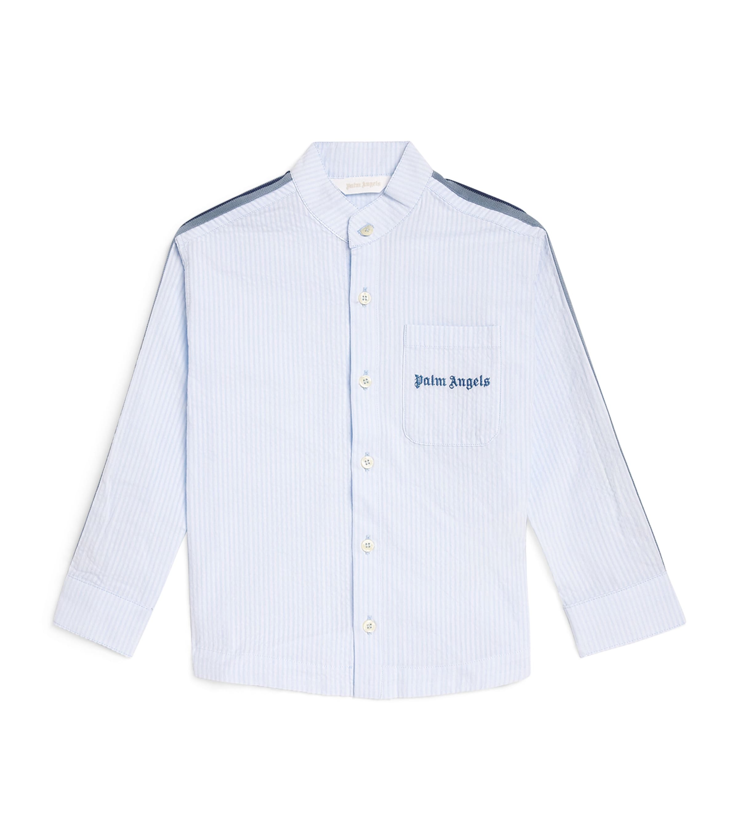 Palm Angels Kids Cotton Seersucker Korean-Collar Track Shirt Bimbo/bby Blu