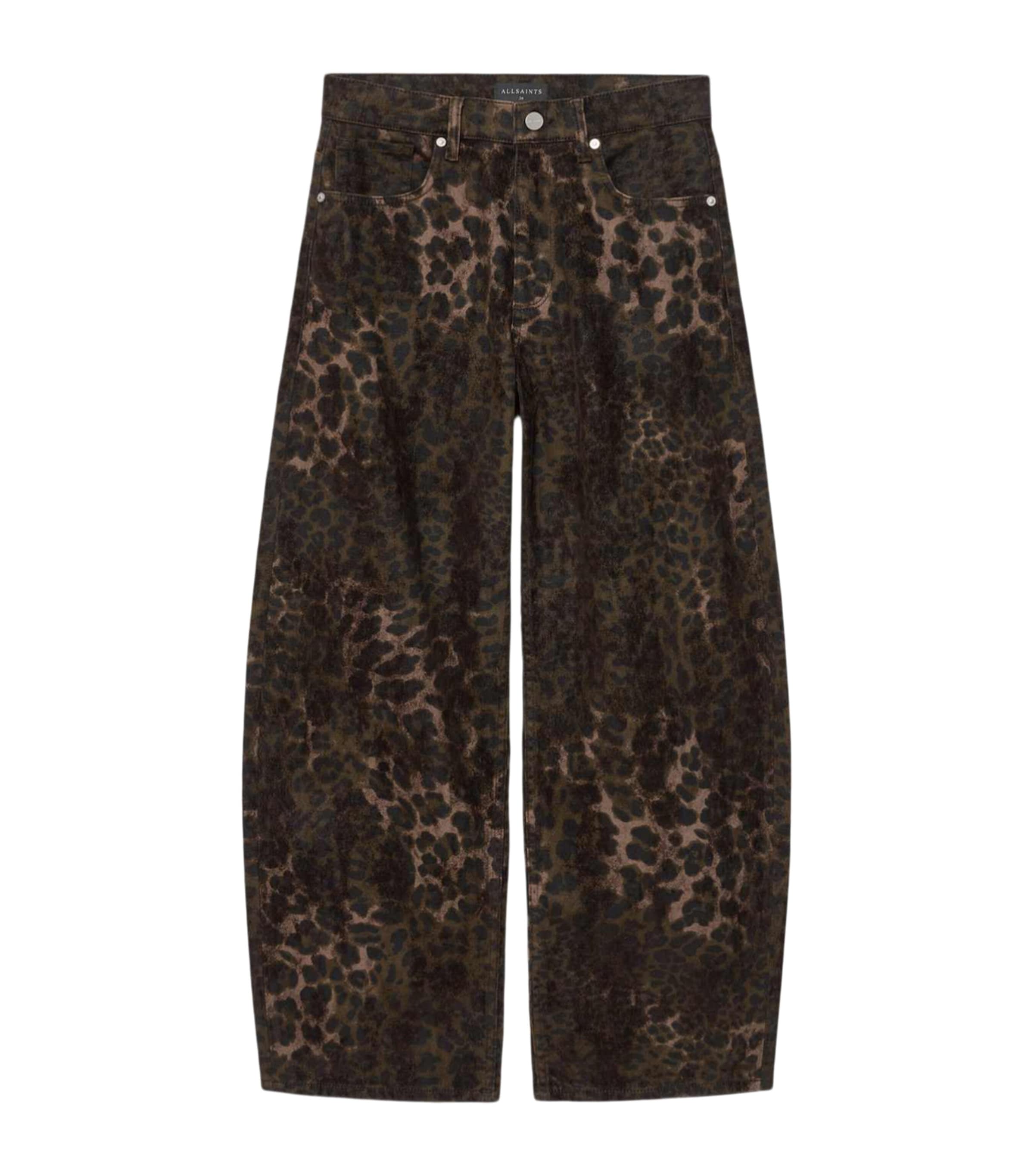 AllSaints Womens Leopard Print Sadie Barrel-Leg Jeans Leppo Brown
