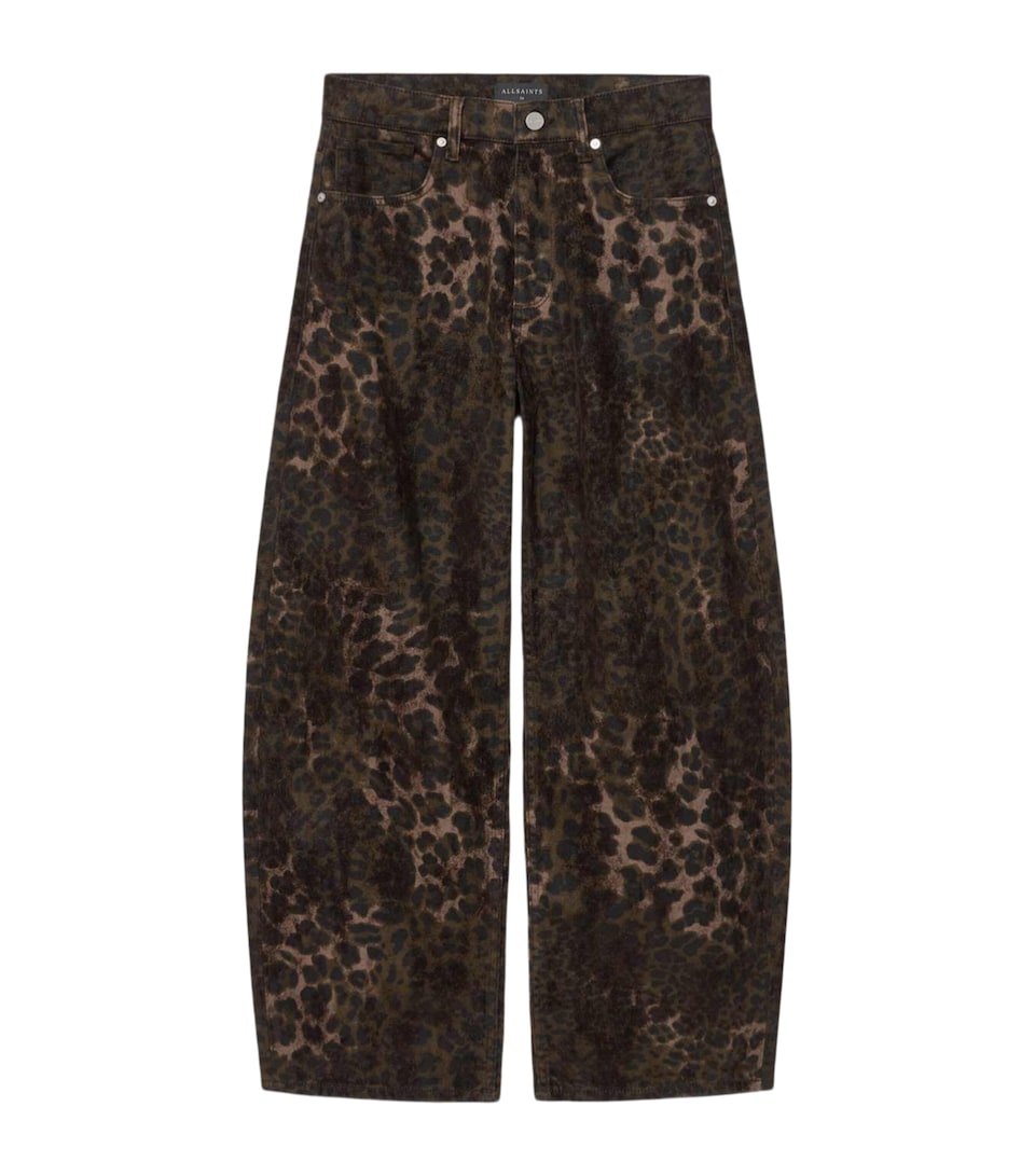 AllSaints Womens Leopard Print Sadie Barrel-Leg Jeans Leppo Brown