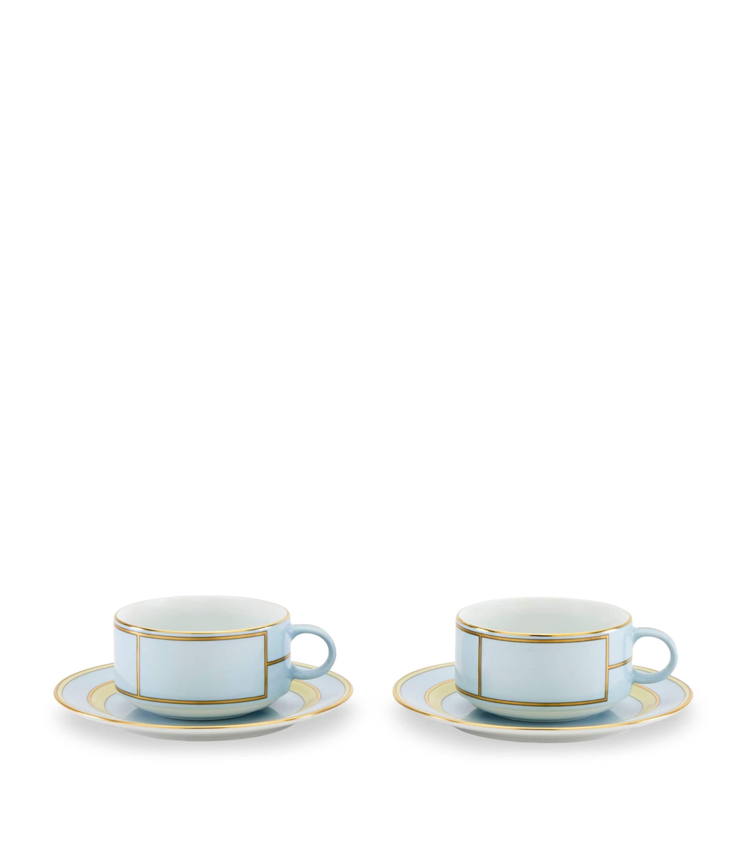 GINORI 1735 Set of 2 Porcelain Colonna Diva Celeste Teacups and Saucers