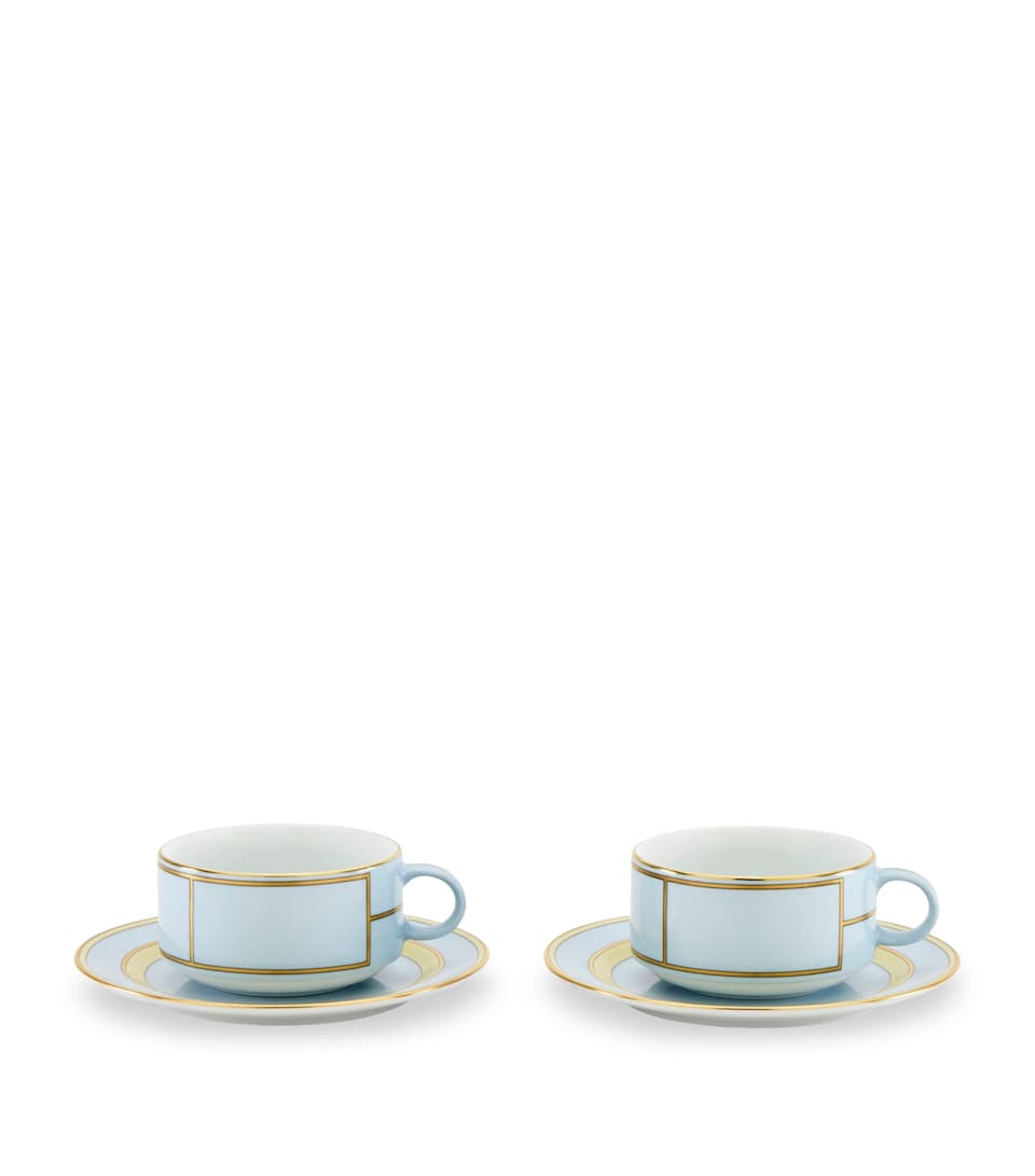 GINORI 1735 Set of 2 Porcelain Colonna Diva Celeste Teacups and Saucers
