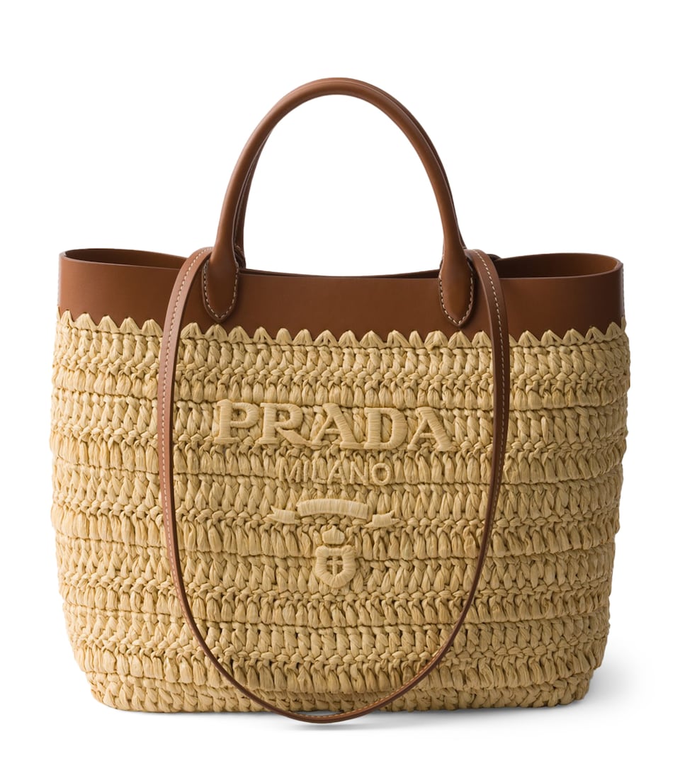 Prada Small Crochet and Leather Tote Bag Neutral