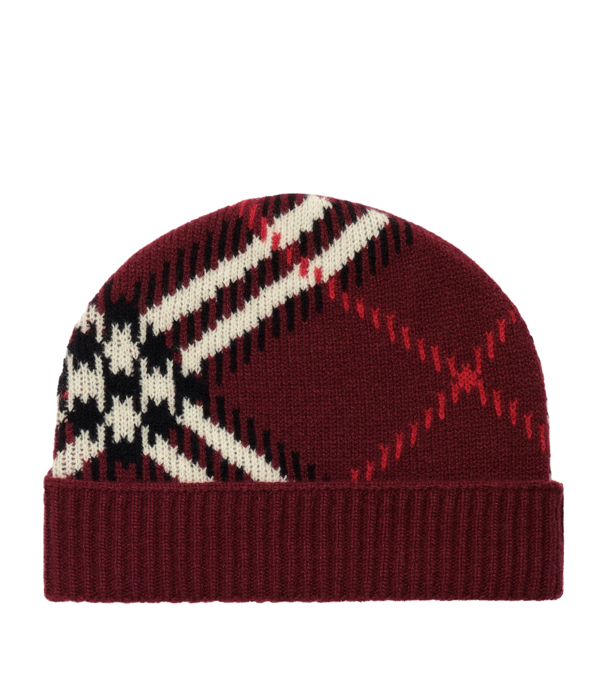 Burberry Cashmere-Blend Check Beanie Oxblood Red