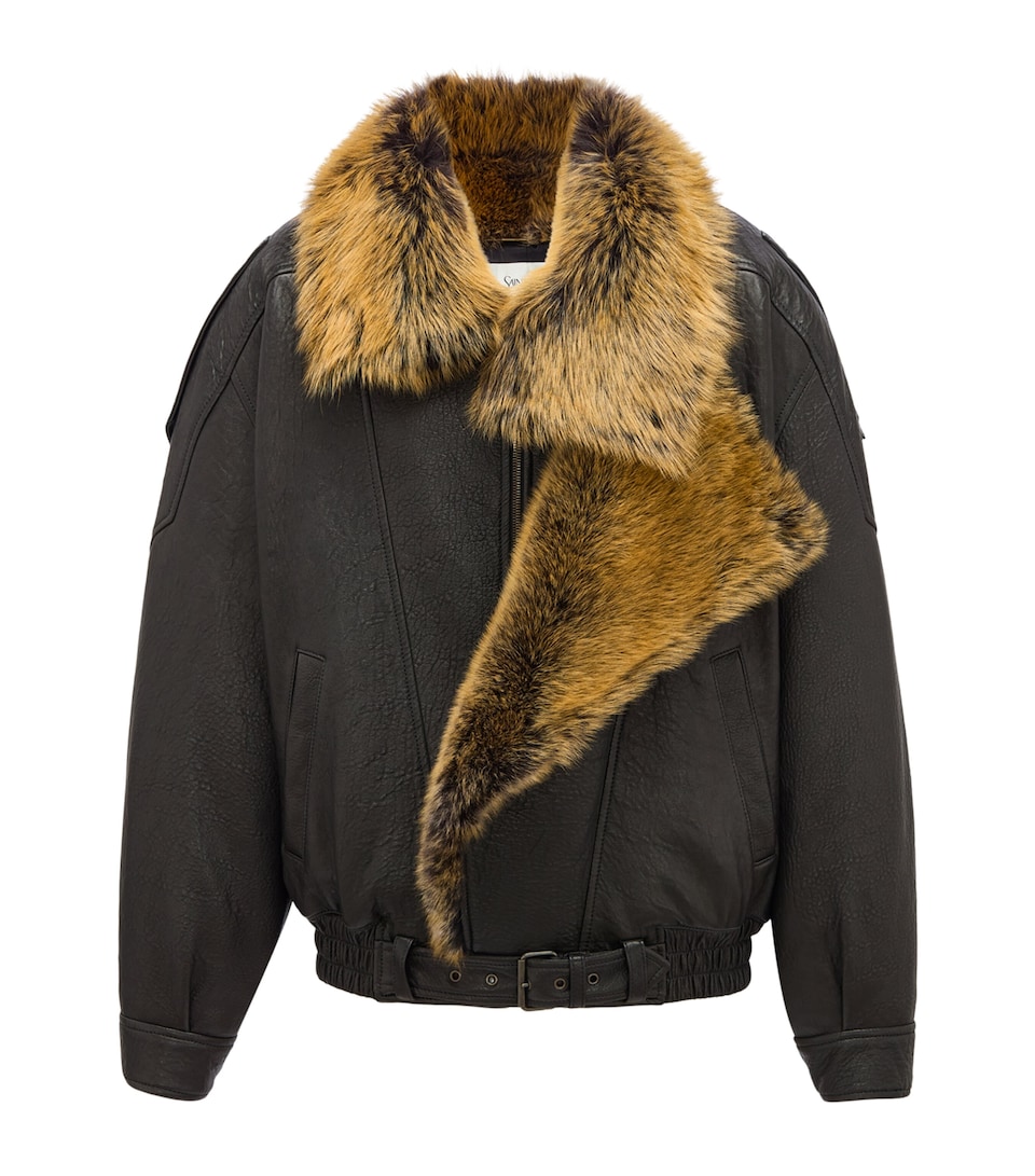 Saint Laurent Womens Shearling-Collar Lambskin Bomber Jacket