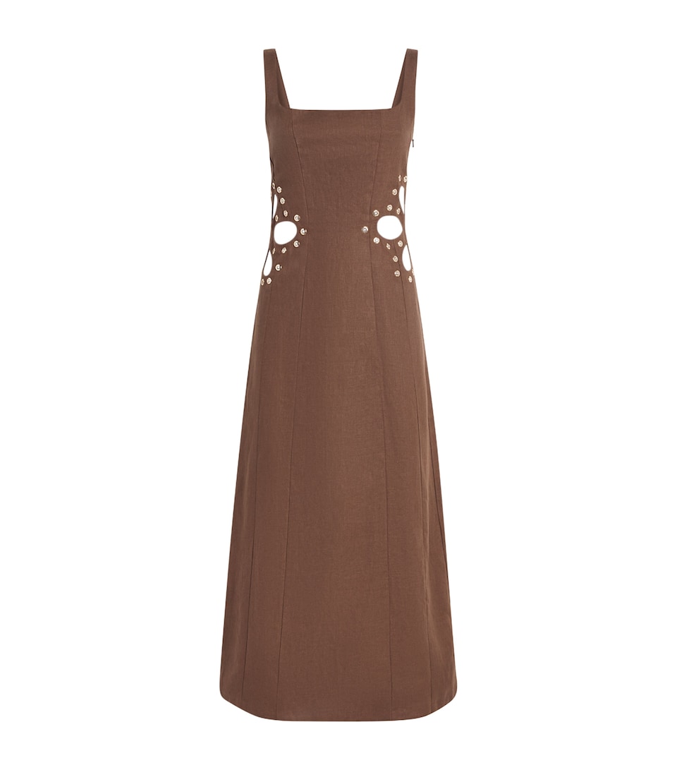 Maje Womens Linen Cut-Out Midi Dress Brown