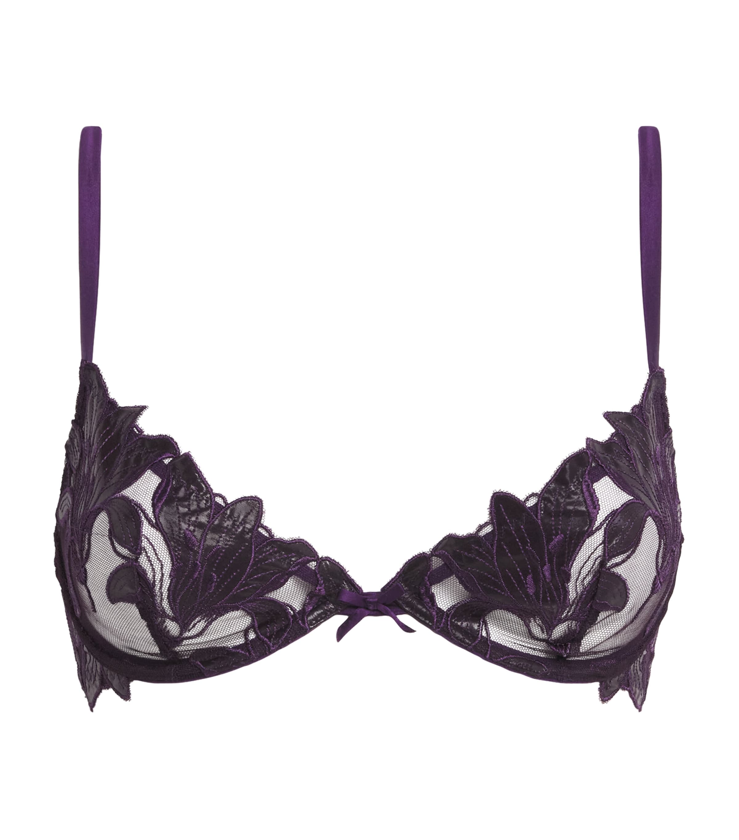 Fleur Du Mal Womens Embroidered Lily Plunge Demi Bra Aubergine