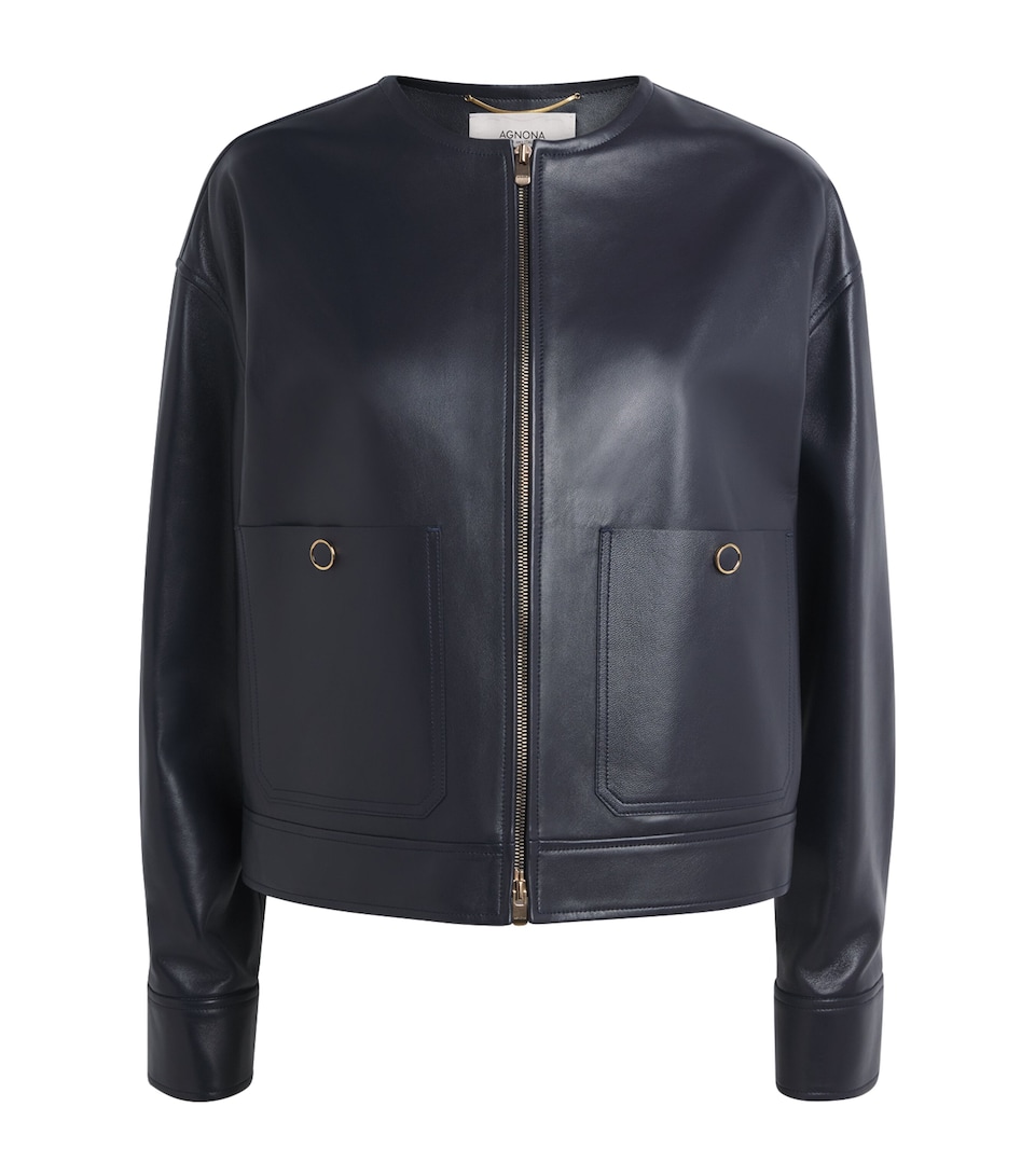 Agnona Womens Lambskin Cropped Bomber Jacket Dark Blue Navy