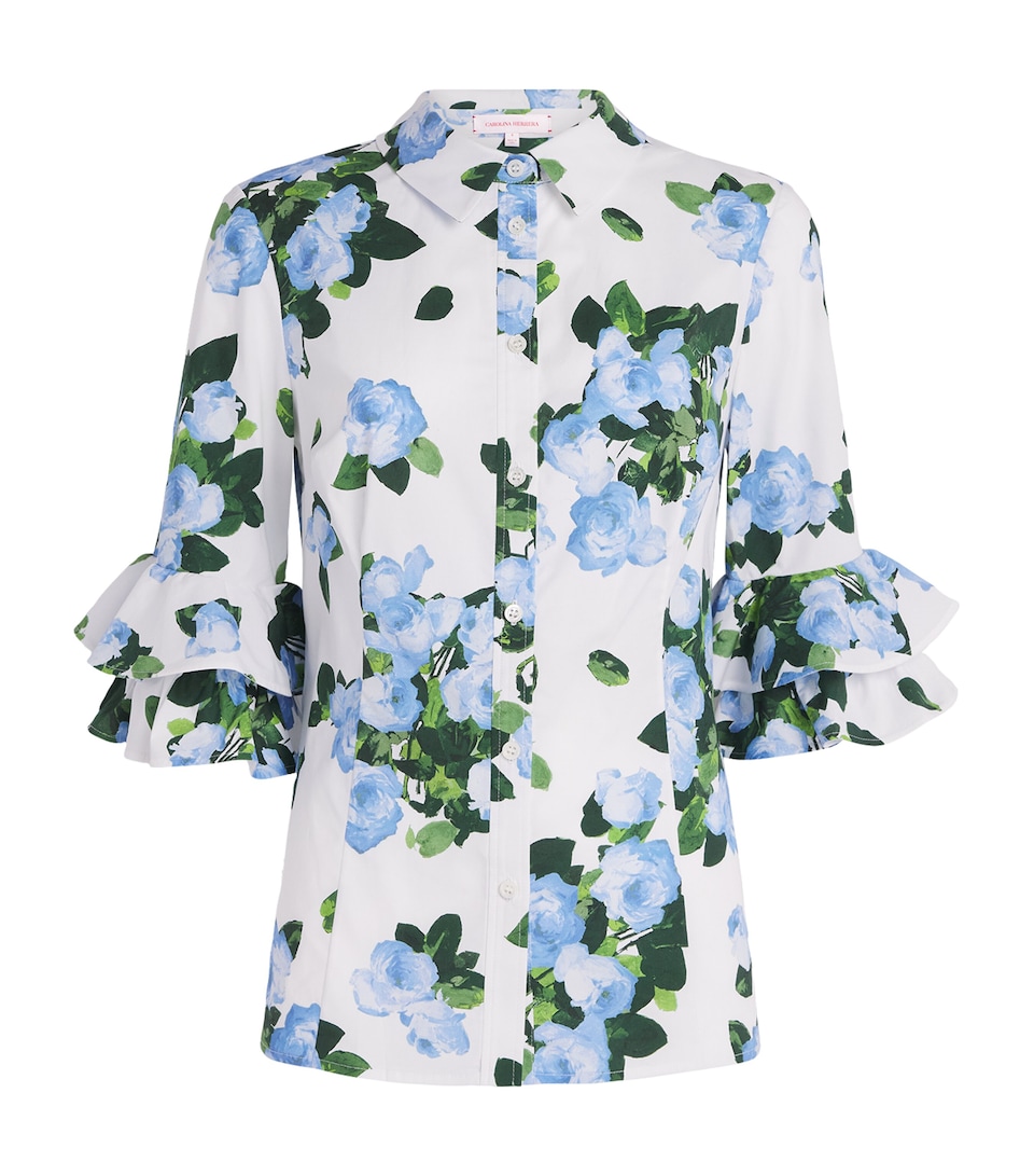 Carolina Herrera Womens Rose Print Ruffle-Sleeve Shirt White Multi