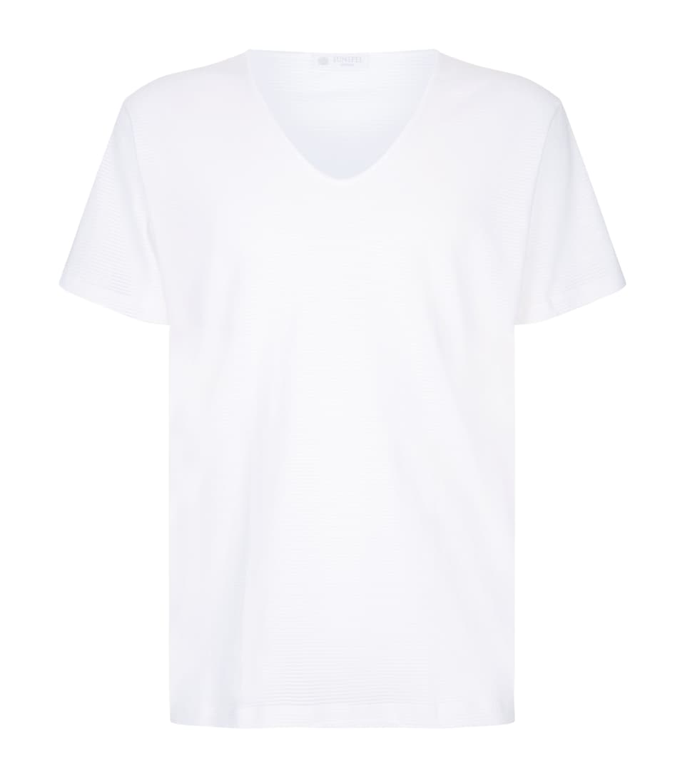 Sunspel Mens Cellular Cotton V-Neck T-Shirt Whaa White
