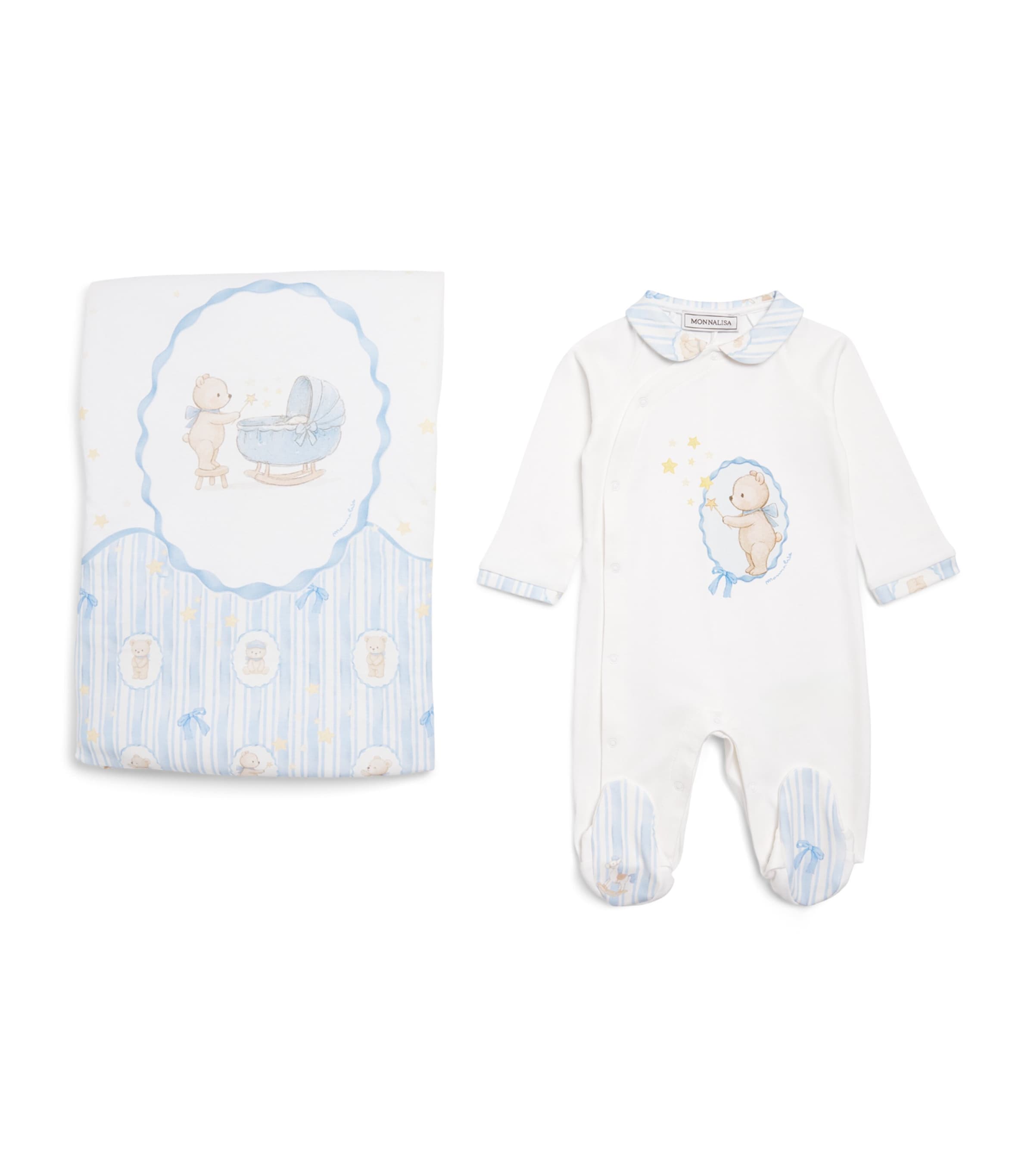 Monnalisa Cotton Printed Blanket and All-In-One Set (1-9 Months) Panna+nuvola