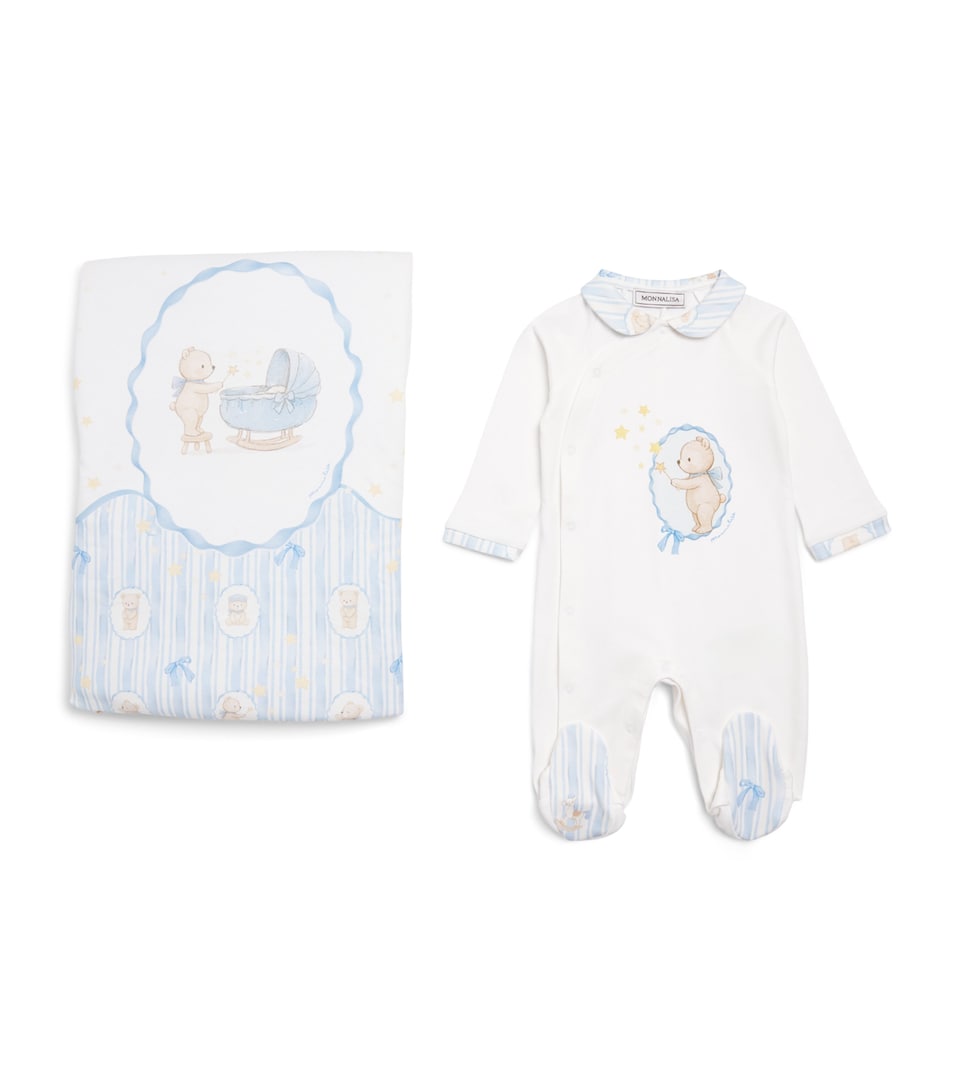 Monnalisa Cotton Printed Blanket and All-In-One Set (1-9 Months) Panna+nuvola