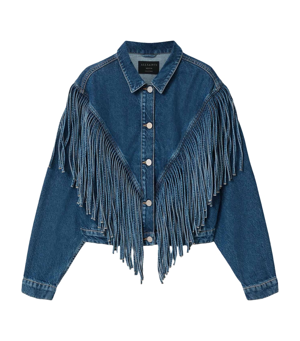 AllSaints Womens Marlene Fringed Denim Jacket Dark Indigo