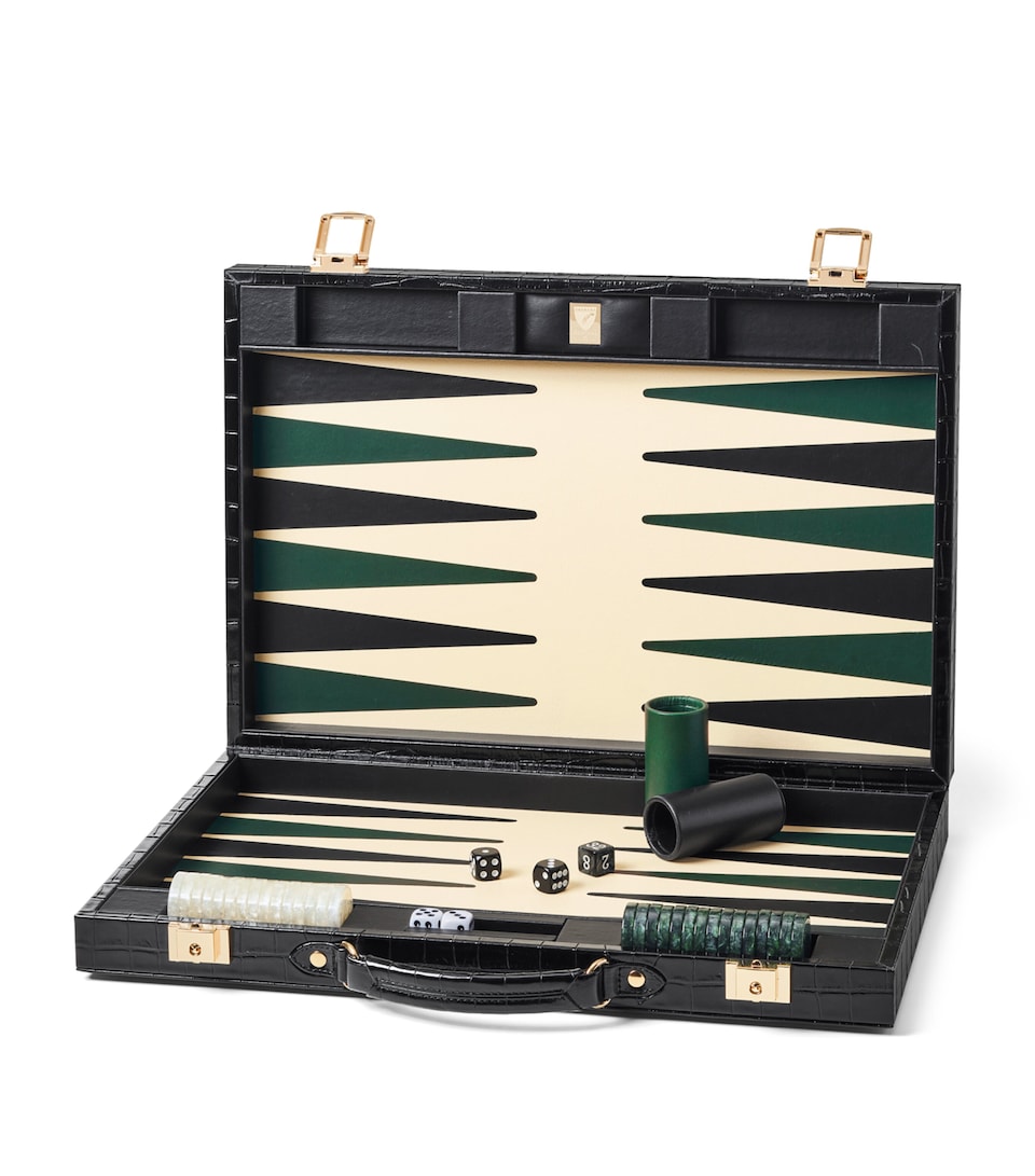 Aspinal Of London 17-Inch Croc-Embossed Leather Backgammon Set Black