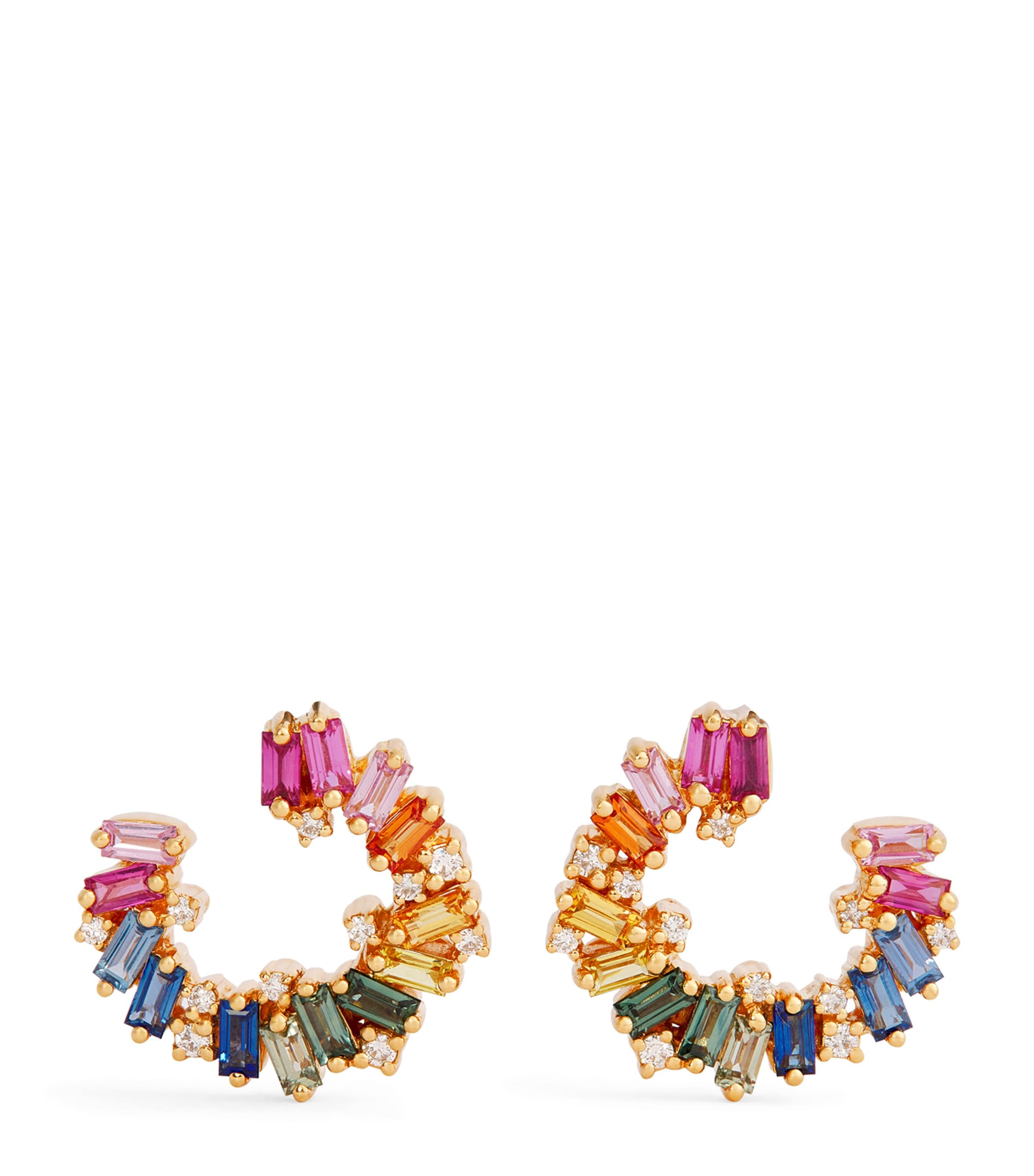 Suzanne Kalan Yellow Gold, Diamond and Rainbow Sapphire Shimmer Sideways Hoop Earrings Yg/rs