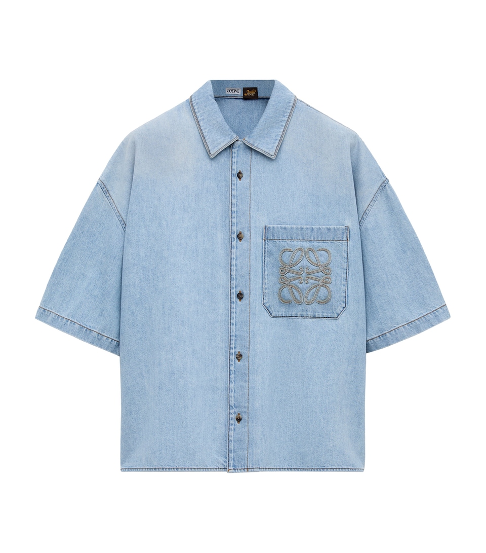 LOEWE Mens x Paula's Ibiza Denim Anagram Short-Sleeve Shirt Washed Blue