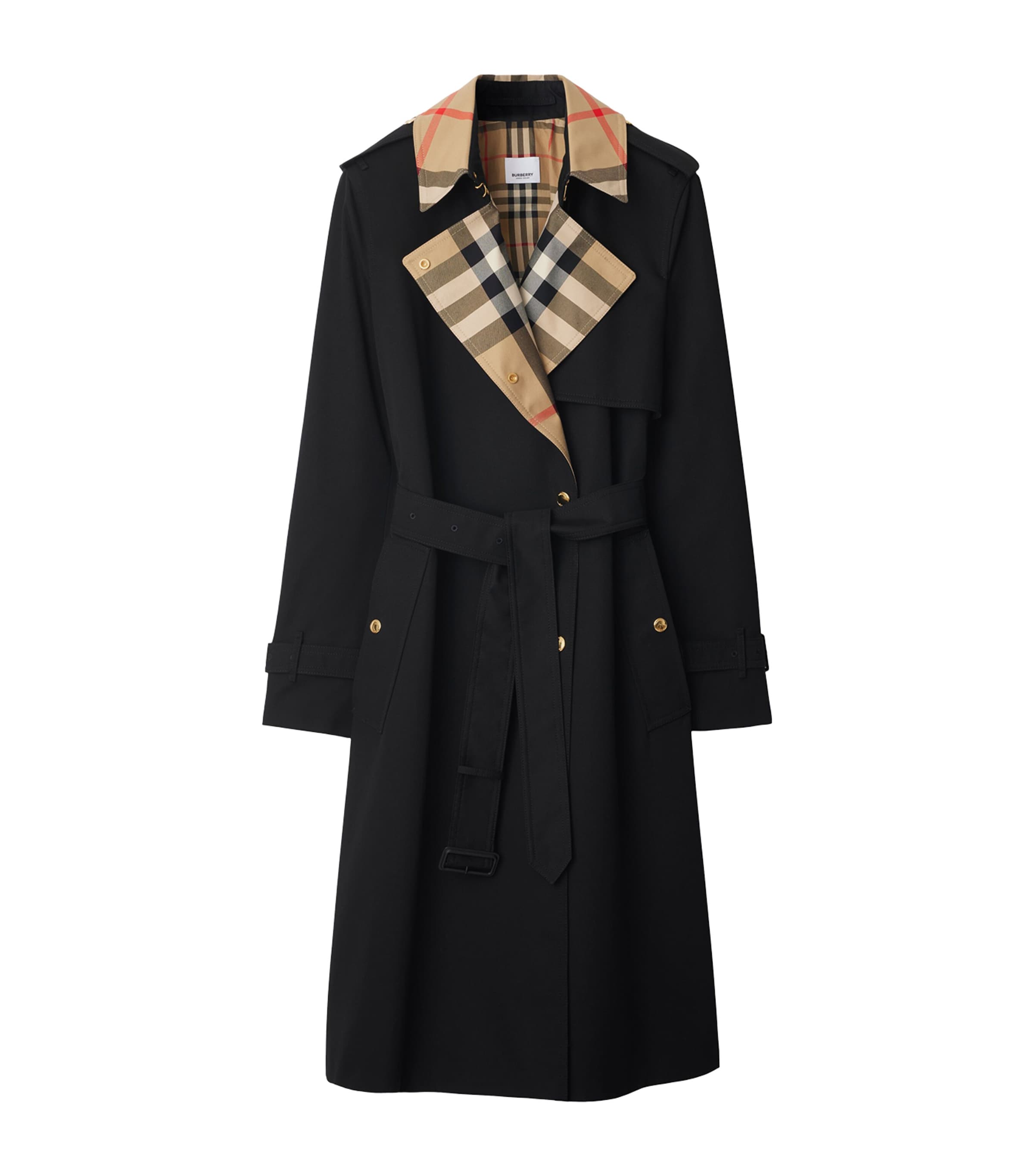 Burberry Womens Gabardine Check-Collar Long Trench Coat Black