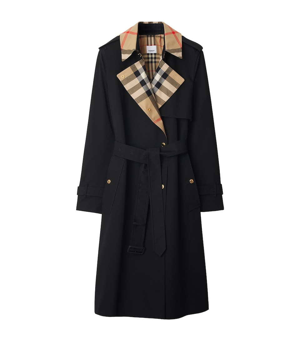 Burberry Womens Gabardine Check-Collar Long Trench Coat Black