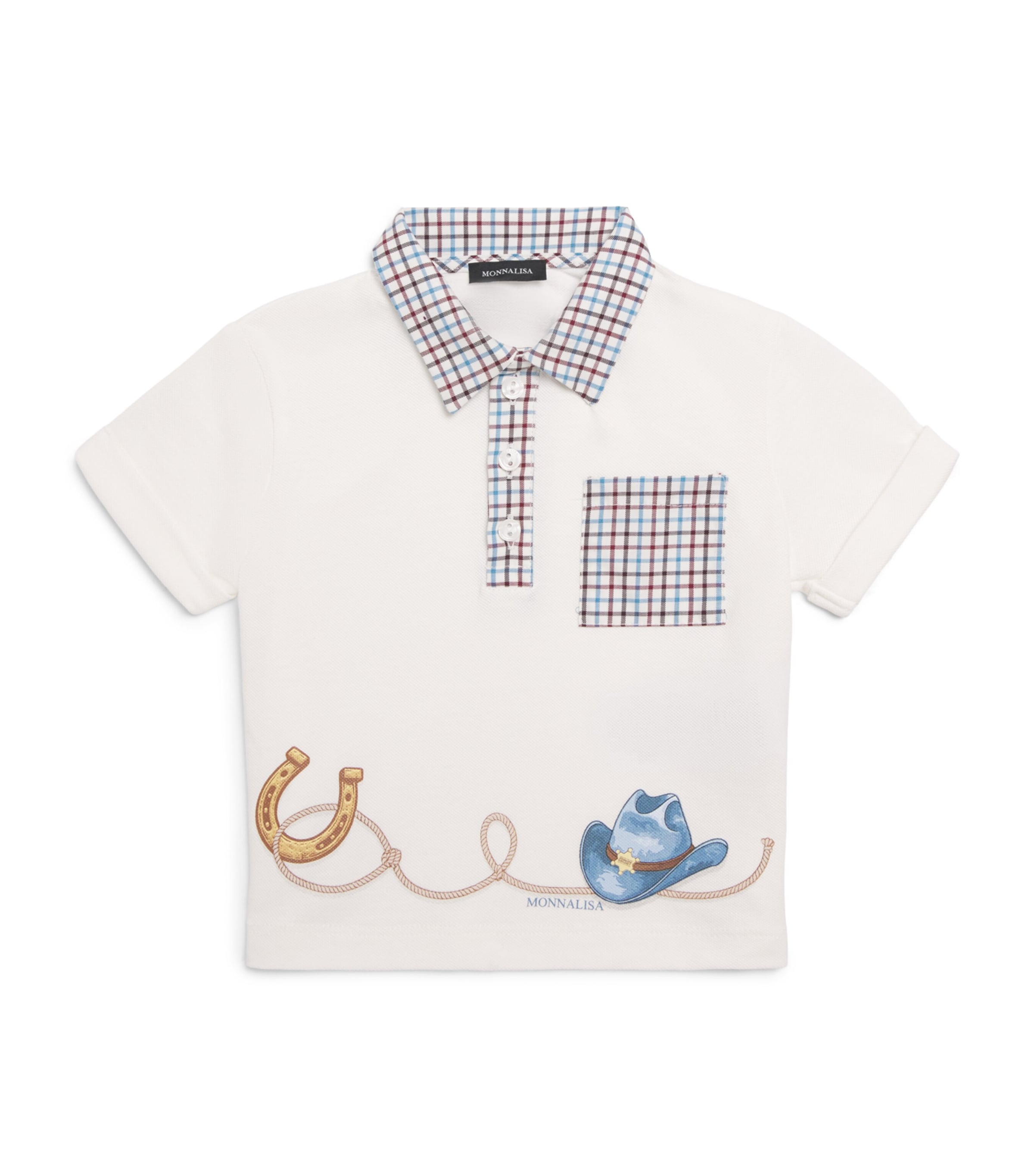 Monnalisa Cotton Cowboy Print Polo Shirt (6 Months - 6 Years) Panna