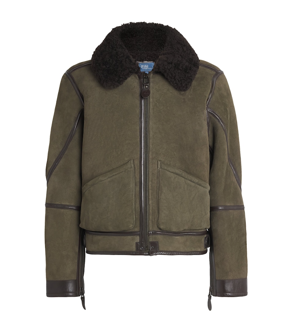 Polo Ralph Lauren Mens Shearling Flight Jacket Myrtle Grn/dark Brn
