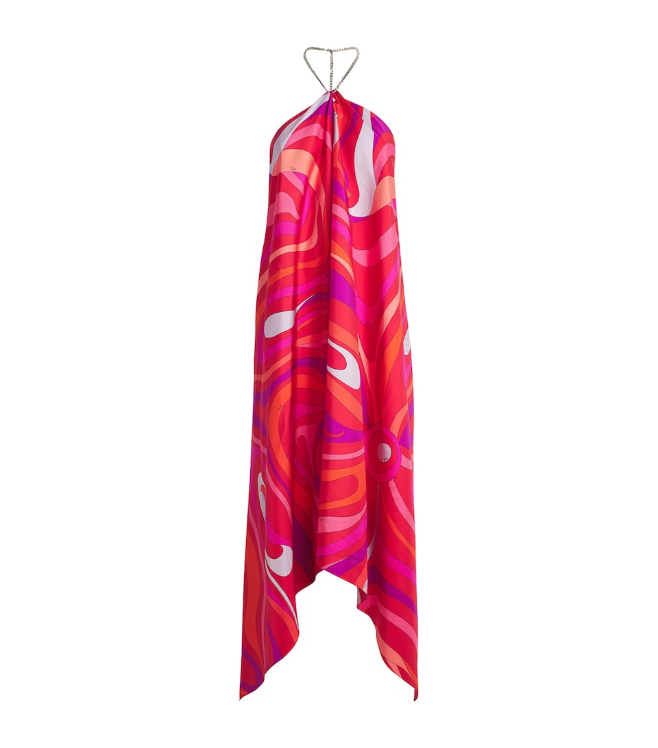 Silk Marmo Print Asymmetric Midi Dress