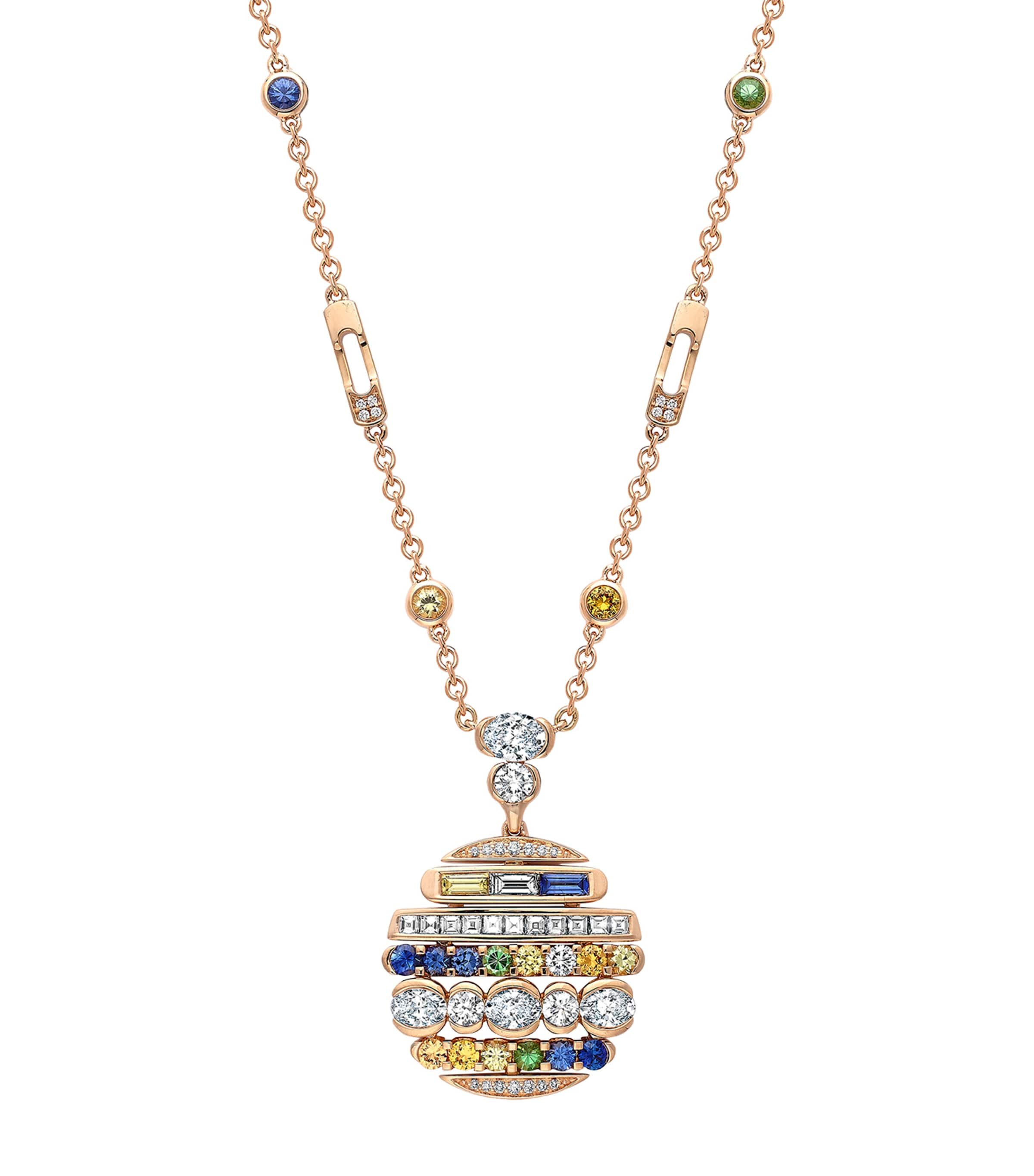 Boodles Rose Gold, Diamond, Sapphire and Tsavorite Play of Light Pendant Necklace Rose Gold