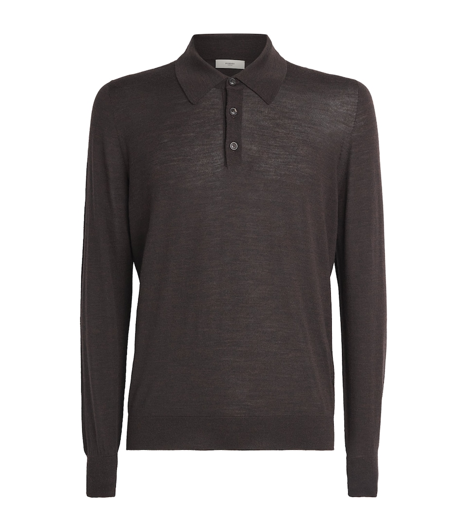 Purdey Mens Merino Wool Long-Sleeve Polo Shirt Chocolate