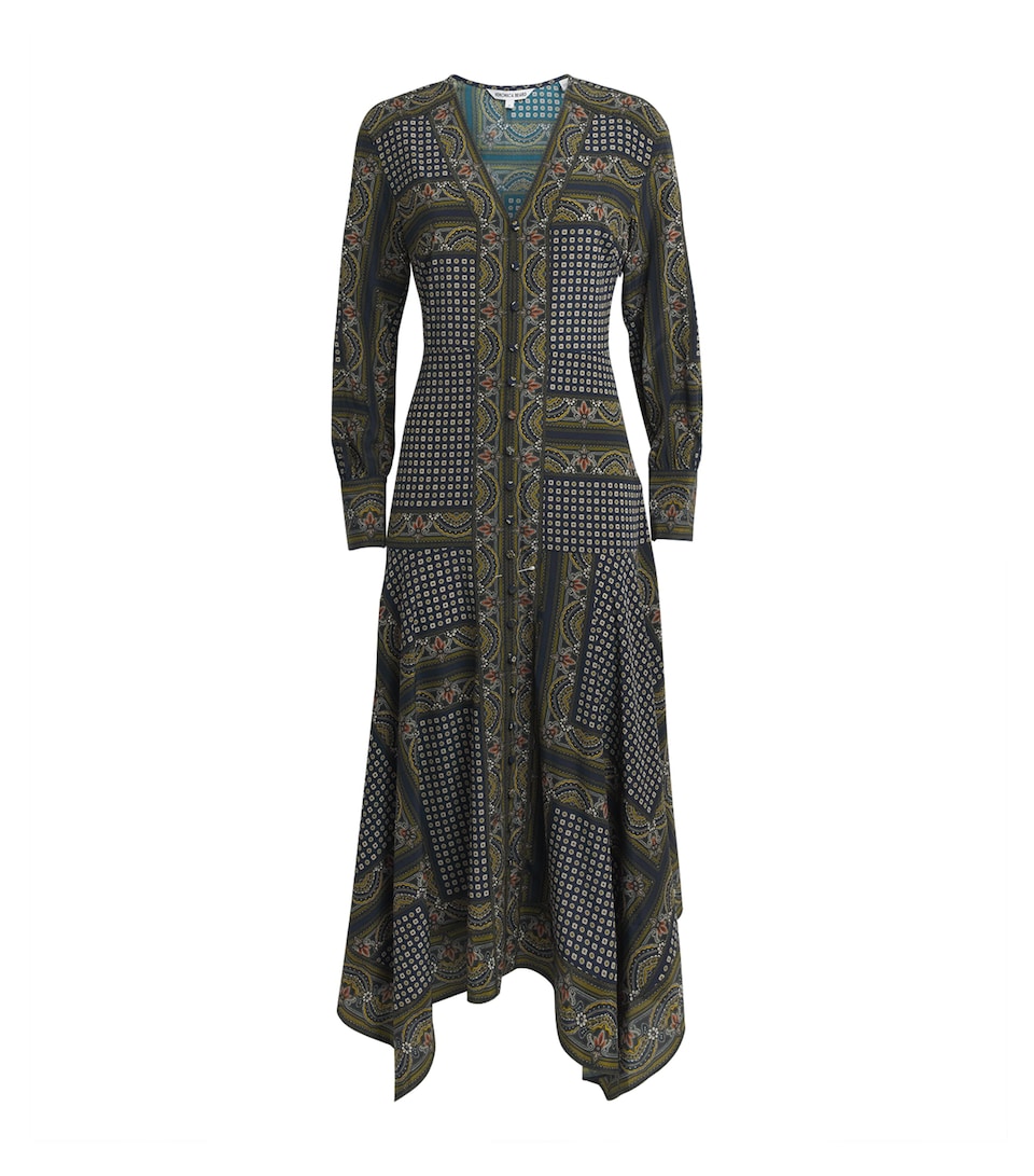 Veronica Beard Womens Silk-Blend V-Neck Skye Midi Dress Hrtg Nvy Multi
