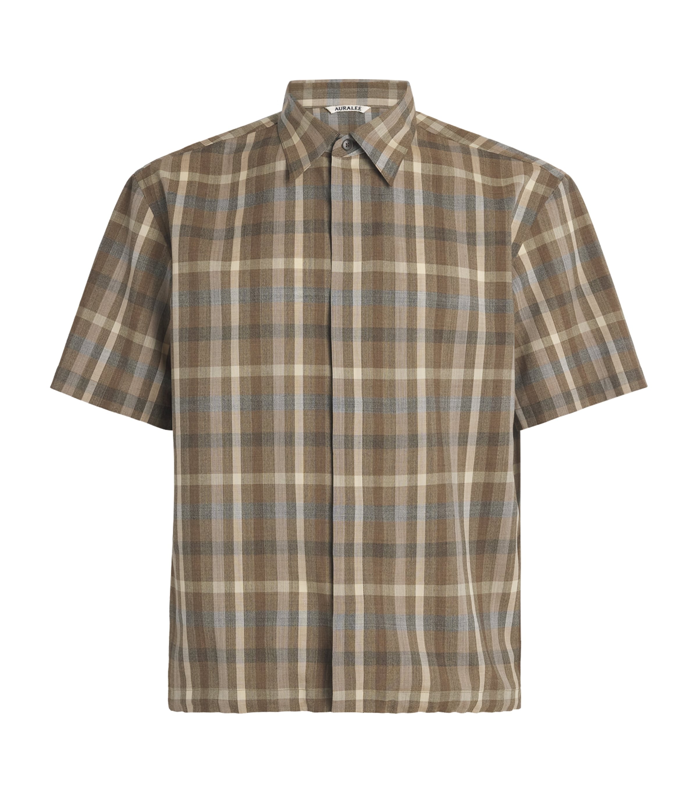 Auralee Mens Wool Check Shirt Top Brown Check