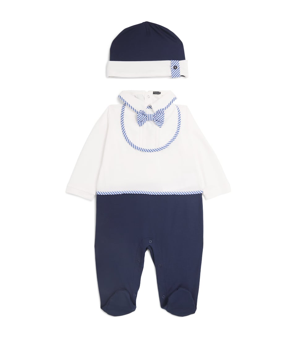 Monnalisa Stripe Trim All-In-One, Bib and Hat Set (1-9 Months) Cream+blue