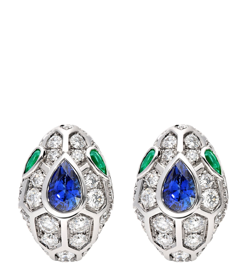White Gold, Diamond, Sapphire and Emerald Serpenti Earrings