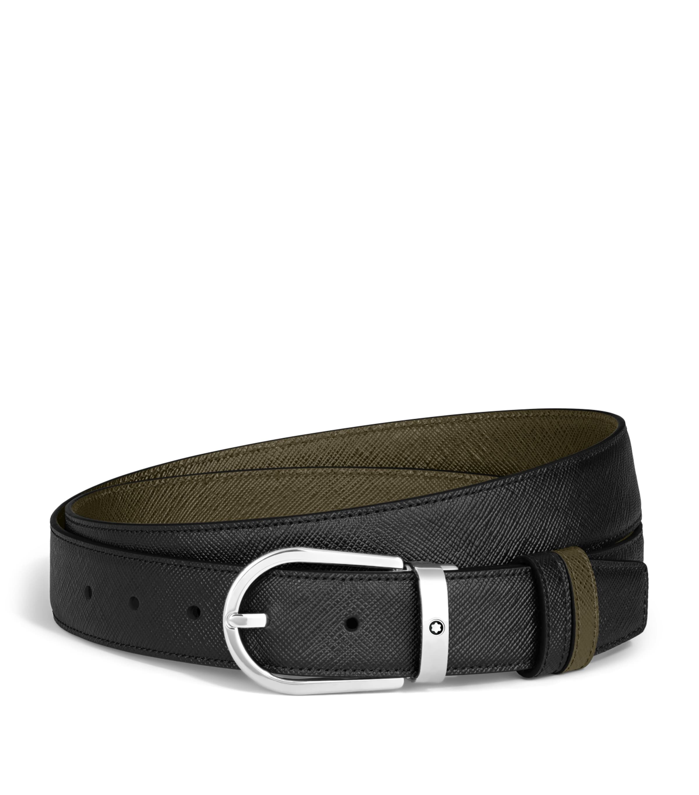 Montblanc Leather Reversible Horseshoe Belt Black/khaki