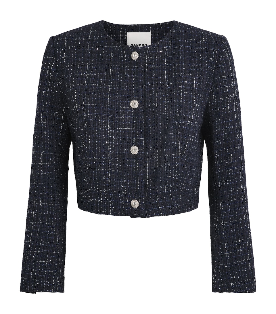 Sandro Paris Womens Tweed Sequinned Cropped Jacket Blue