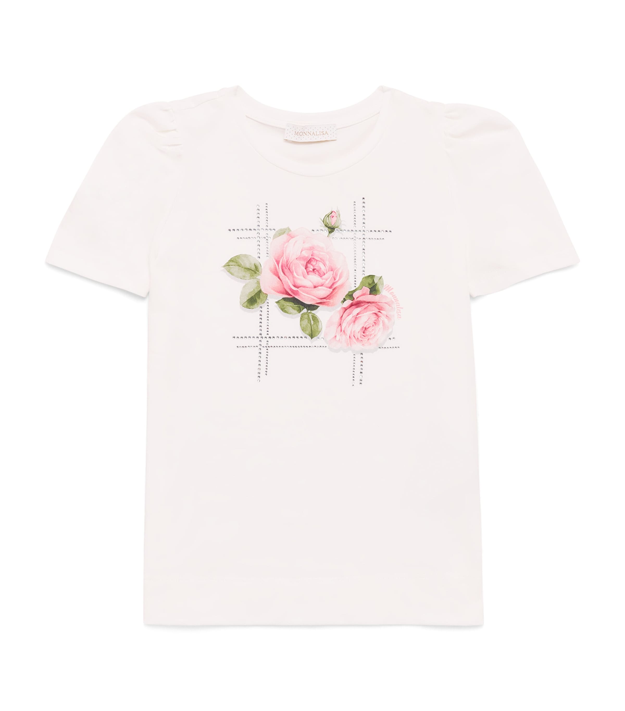 Monnalisa Embellished Rose Print T-Shirt (4-14 Years) Panna