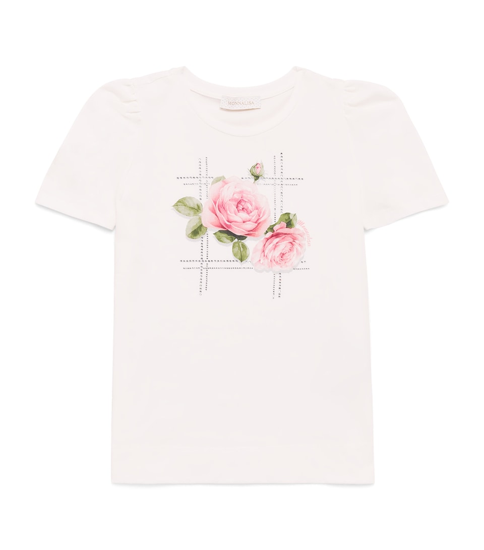 Monnalisa Embellished Rose Print T-Shirt (4-14 Years) Panna