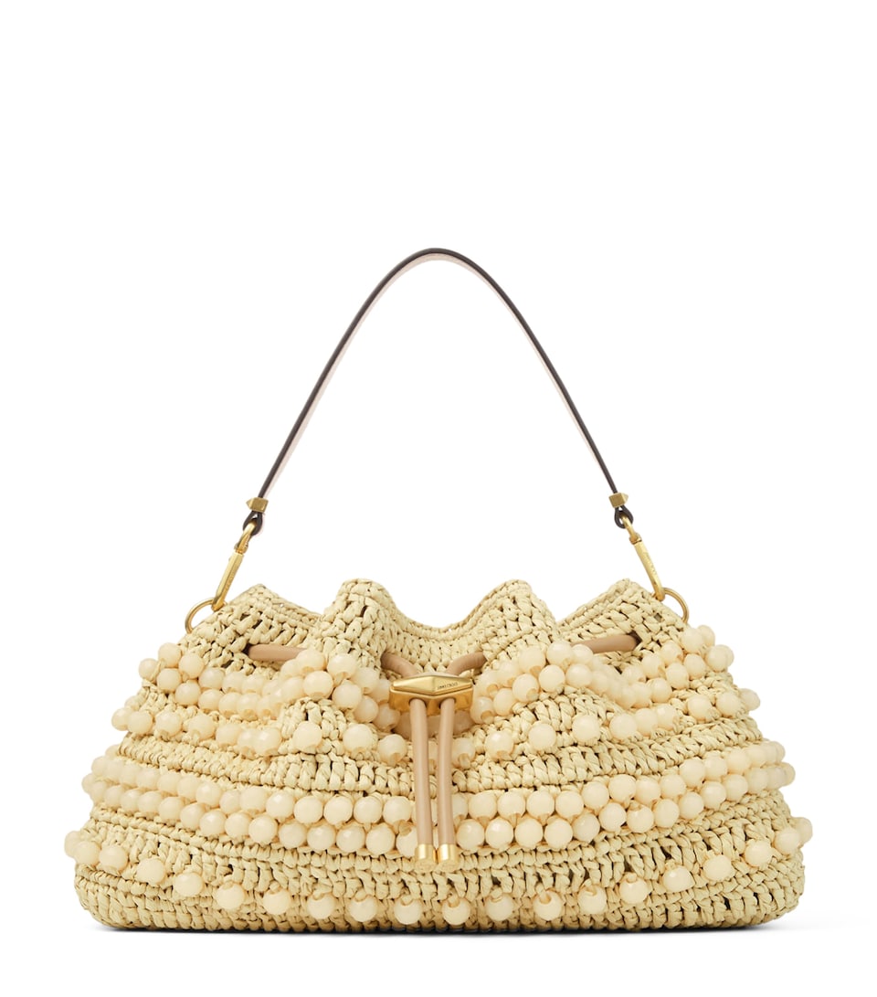 Cinch Raffia Beaded Bucket Bag