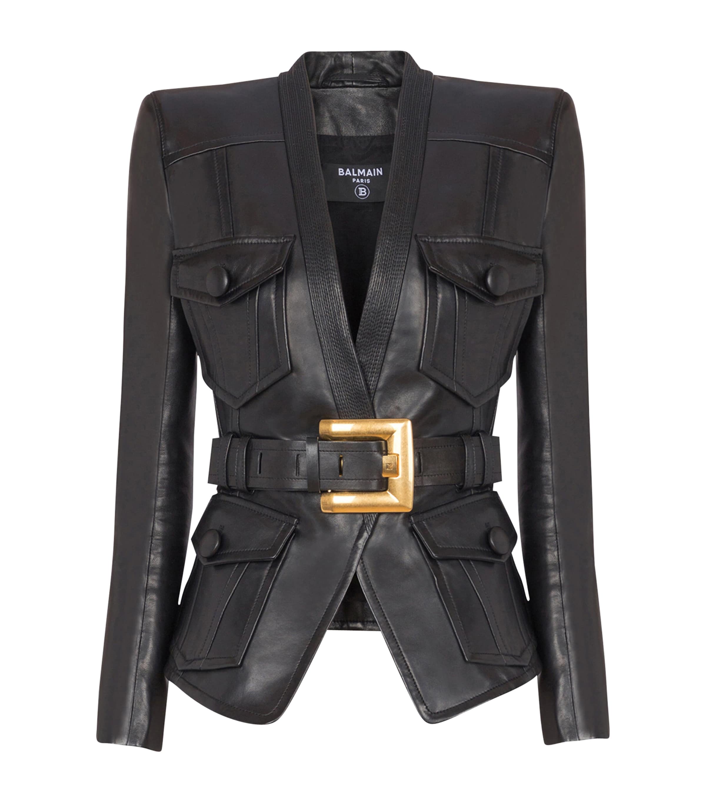 Balmain Womens Belted Leather Jacket Noir