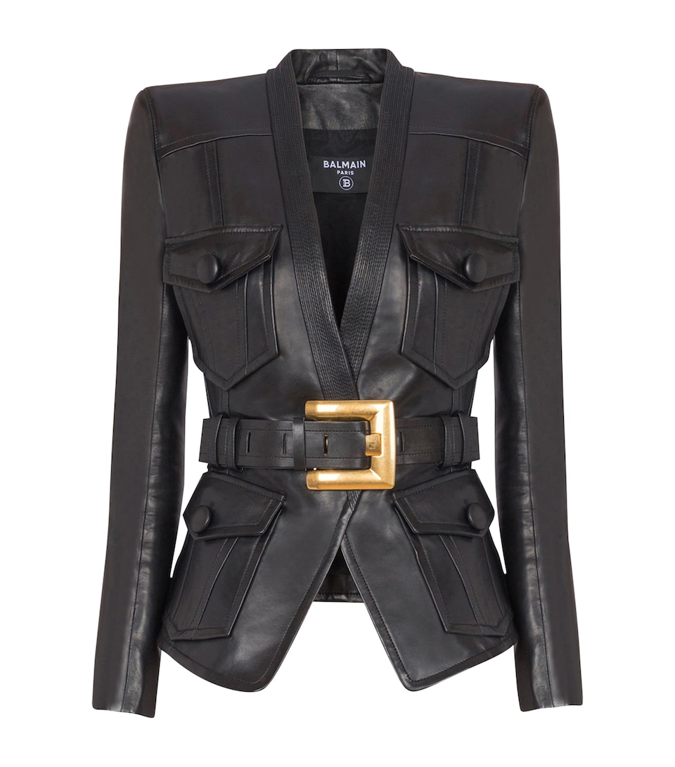 Balmain Womens Belted Leather Jacket Noir