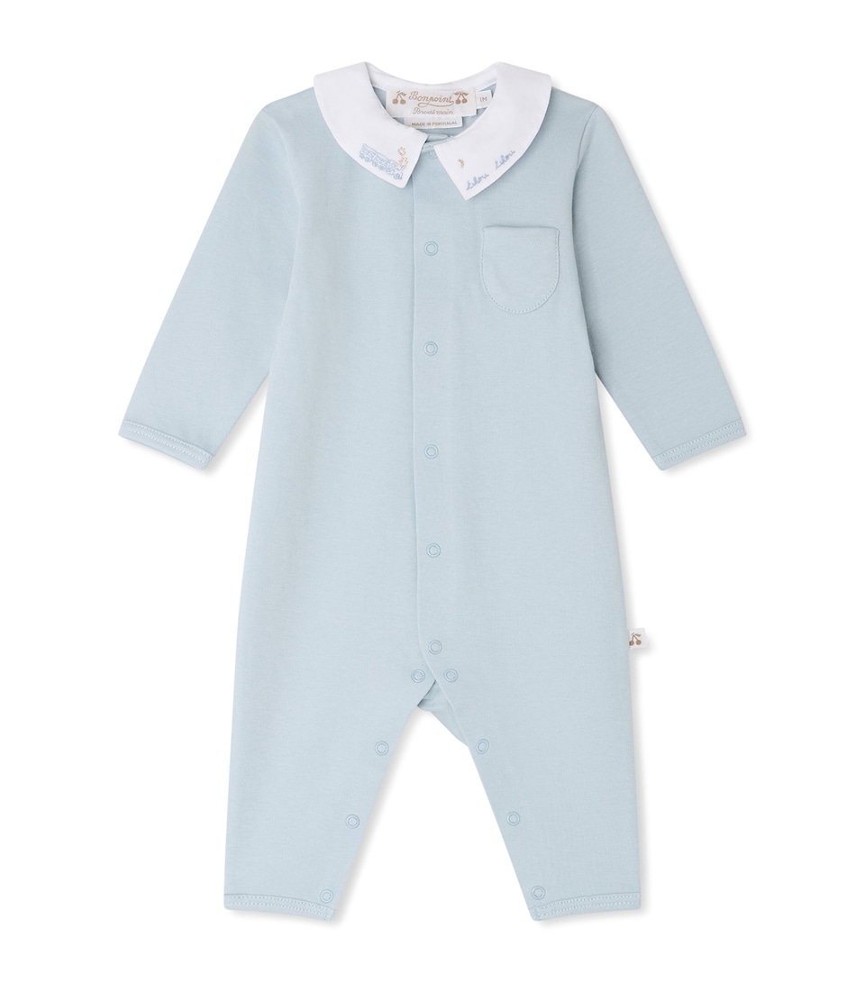 Bonpoint Cotton Embroidered-Collar Playsuit (1-18 Months) Bleu Moyen