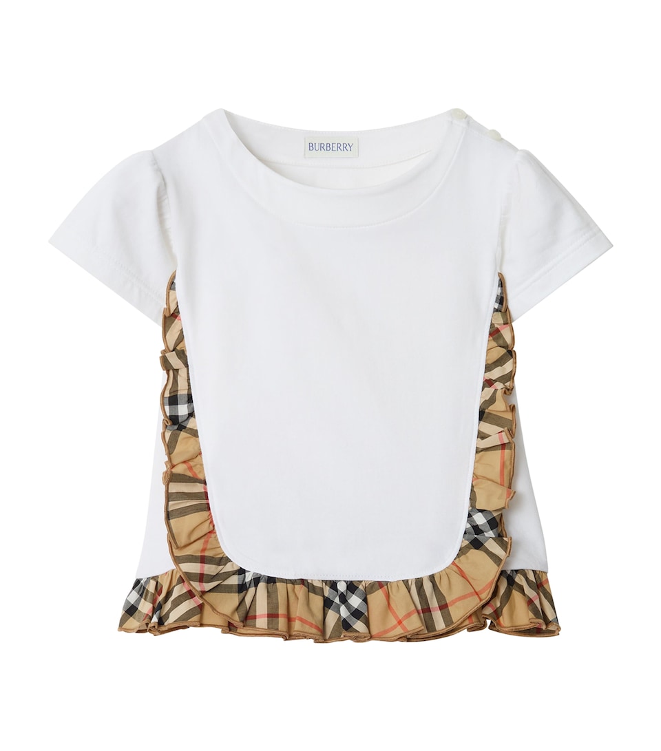 Burberry Kids Stretch-Cotton Check-Ruffle T-Shirt (3-12 Years) White