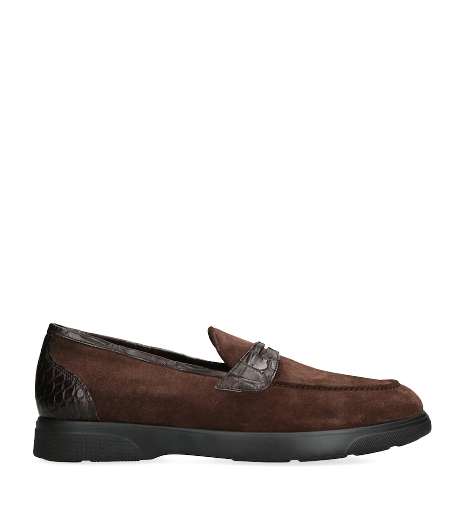 Suede Crocodile Leather-Detail Penny Loafers