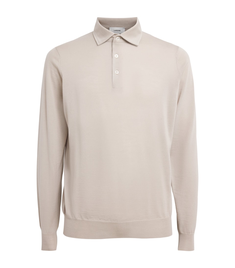 Lardini Mens Virgin Wool Long-Sleeve Polo Shirt Griege