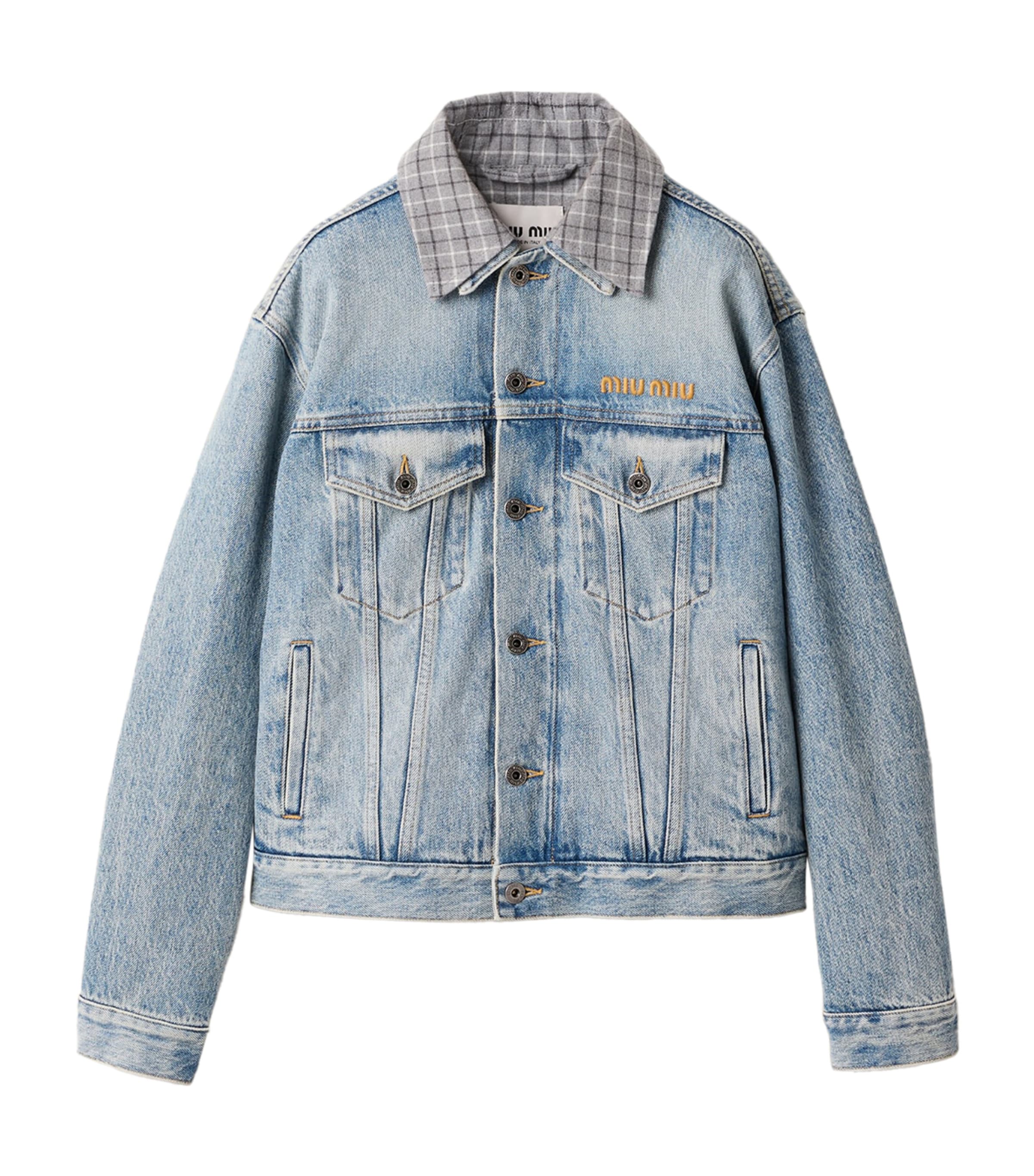 Miu Miu Womens Flannel-Trim Denim Jacket Light Blue