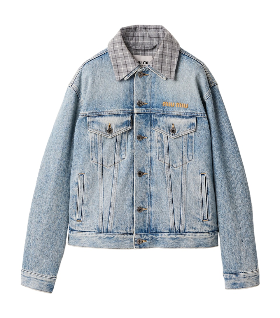 Miu Miu Womens Flannel-Trim Denim Jacket Light Blue