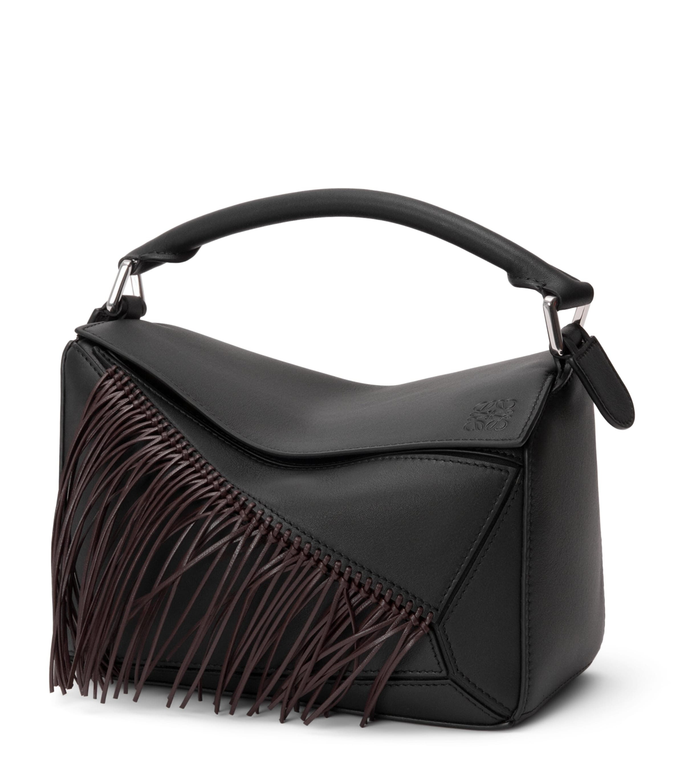 Small Leather Puzzle Fringed Top-Handle Bag