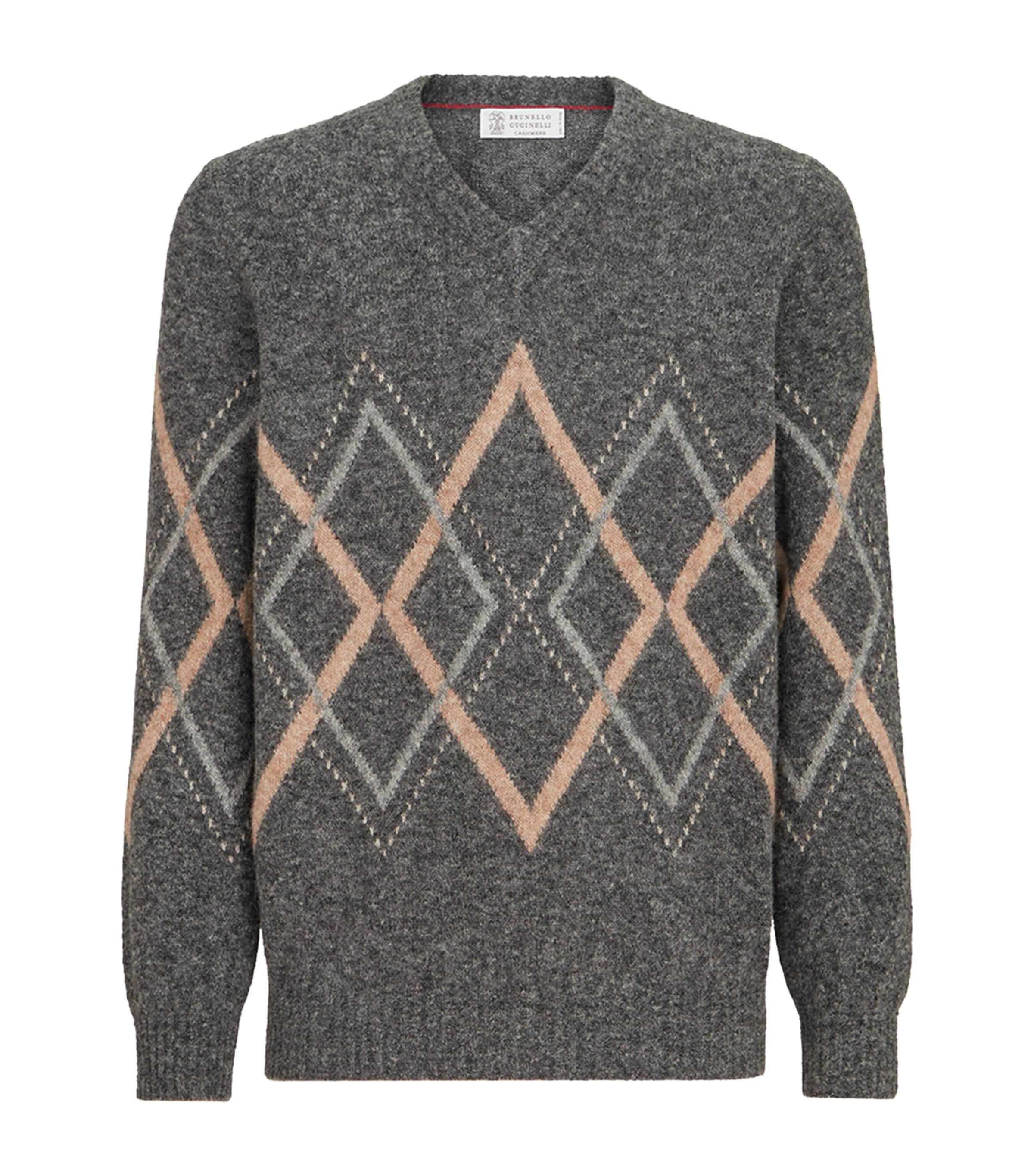 Brunello Cucinelli Mens Alpaca-Blend Argyle Sweater Medium Grey