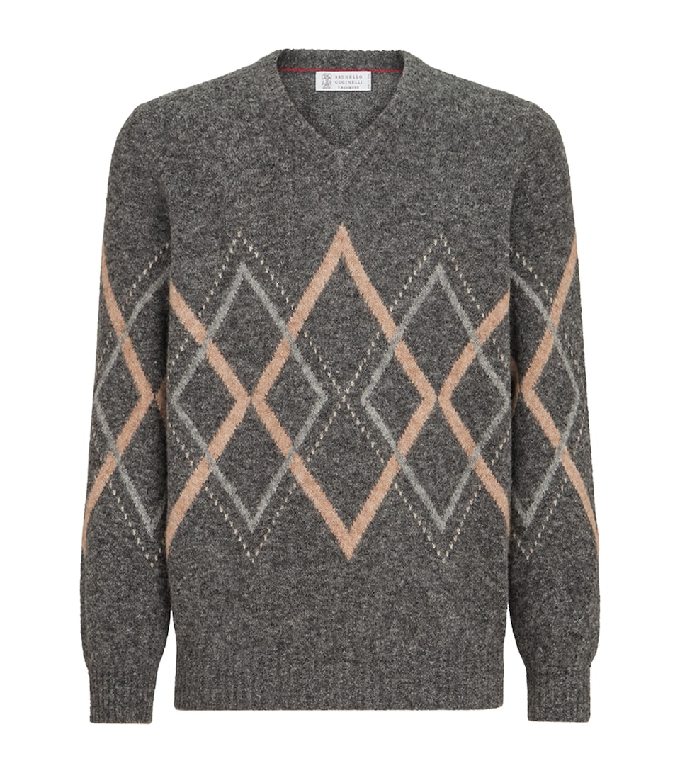 Brunello Cucinelli Mens Alpaca-Blend Argyle Sweater Medium Grey